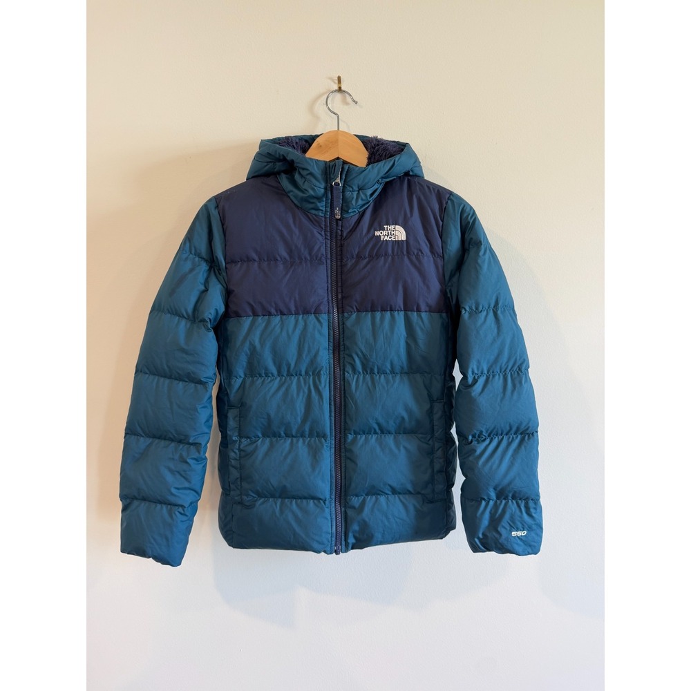 The North Face Moondoggy Hoodie 550 Puffer Blue Green Athlete Sports L 14-16